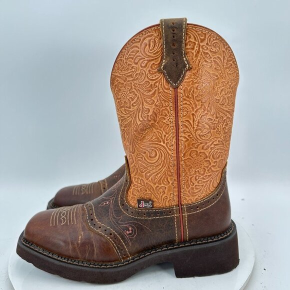 Justin Women Size 7B GY9530 Starlina 11" Tan Frenzy Square Toe Western Boot - Picture 1 of 13